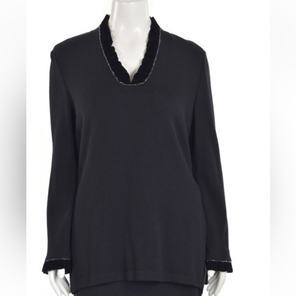 St. John‎ Evening Black Knit Top with Velvet and Beaded V-Neck Trim Vintage